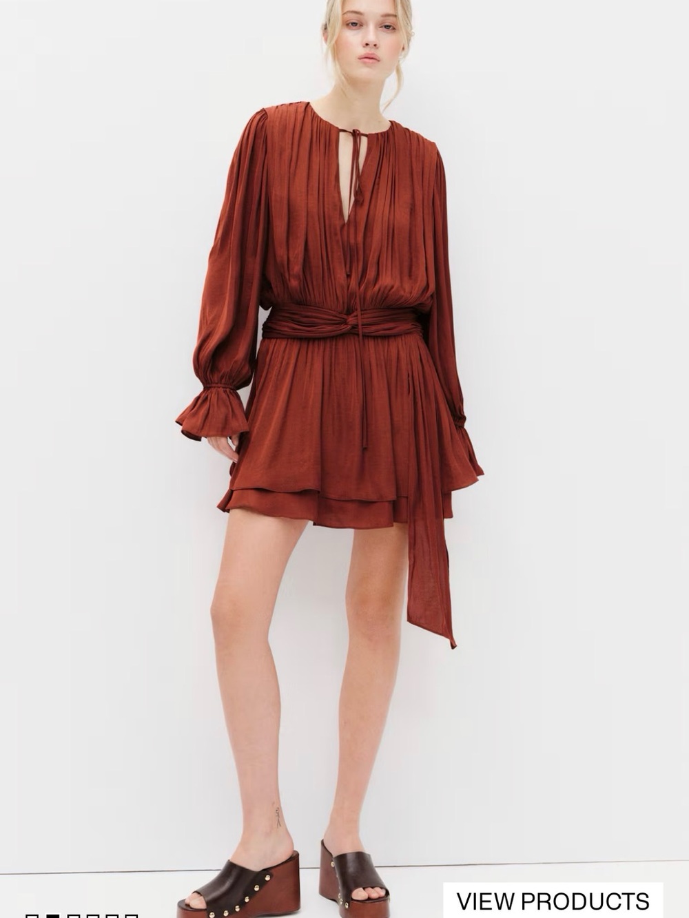H&M Rust Brown Long-Sleeve Mini Dress with Waist Tie
